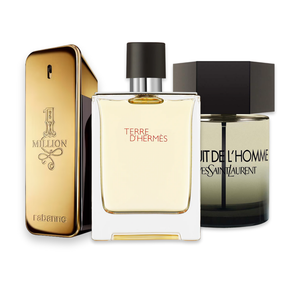 2000s perfume sample discovery set with Paco Rabanne 1 Million Eau de Toilette, Hermès Terre d'Hermès and Yves Saint Laurent La Nuit de L'Homme