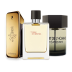 2000s perfume sample discovery set with Paco Rabanne 1 Million Eau de Toilette, Hermès Terre d'Hermès and Yves Saint Laurent La Nuit de L'Homme