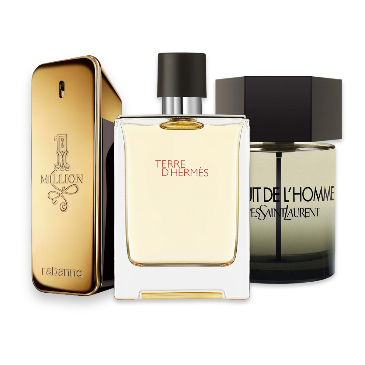 2000s perfume sample discovery set with Paco Rabanne 1 Million Eau de Toilette, Hermès Terre d'Hermès and Yves Saint Laurent La Nuit de L'Homme