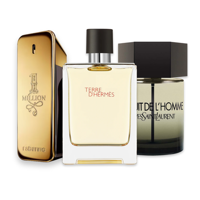 2000s perfume sample discovery set with Paco Rabanne 1 Million Eau de Toilette, Hermès Terre d'Hermès and Yves Saint Laurent La Nuit de L'Homme