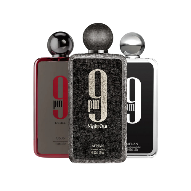 9PM bundle discovery set with 9PM, 9PM Rebel and 9PM Night Out – sweet, bold and long-lasting fragrance samples for men