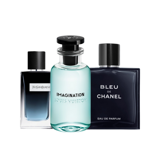 All Year Round discovery set with YSL Y, Imagination and Bleu de Chanel – versatile fragrance samples perfectly suited for every season