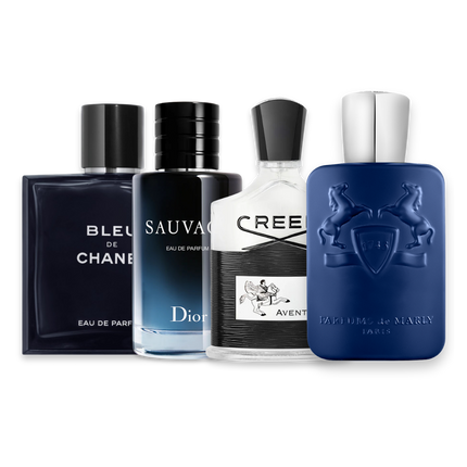 All Year Round perfume sample discovery set with Bleu de Chanel Eau de Parfum, Dior Sauvage Eau de Parfum, Creed Aventus and Parfums de Marly Percival