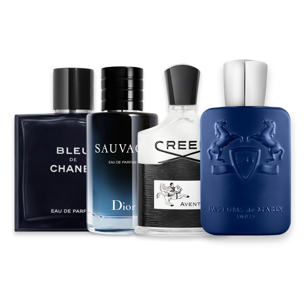 All Year Round perfume sample discovery set with Bleu de Chanel Eau de Parfum, Dior Sauvage Eau de Parfum, Creed Aventus and Parfums de Marly Percival