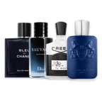 All Year Round perfume sample discovery set with Bleu de Chanel Eau de Parfum, Dior Sauvage Eau de Parfum, Creed Aventus and Parfums de Marly Percival