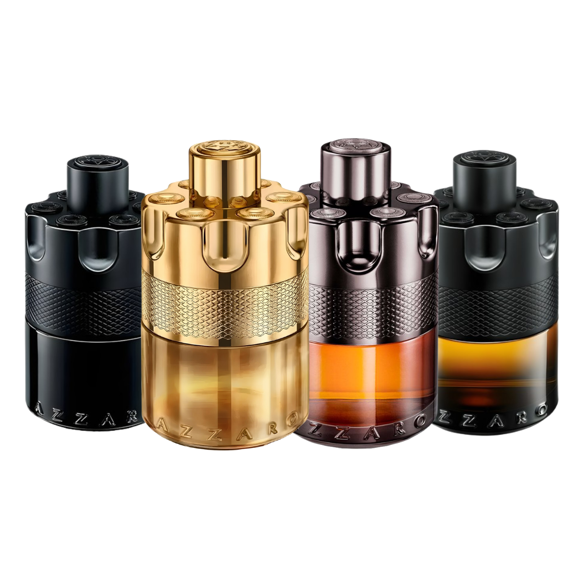 Azzaro Wanted discovery set with The Most Wanted Intense, Wanted by Night, The Most Wanted Parfum and Forever Wanted Elixir – bold, charismatic fragrance samples with warm, spicy and woody character