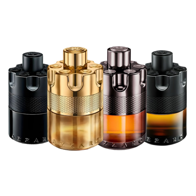 Azzaro Wanted discovery set with The Most Wanted Intense, Wanted by Night, The Most Wanted Parfum and Forever Wanted Elixir – bold, charismatic fragrance samples with warm, spicy and woody character