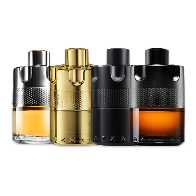 Azzaro Wanted discovery set with The Most Wanted Intense, Wanted by Night, The Most Wanted Parfum and Forever Wanted Elixir – bold, charismatic fragrance samples with warm, spicy and woody character