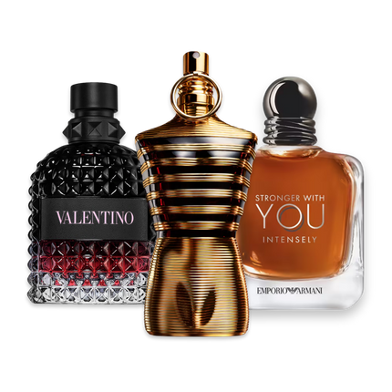 Back to School perfume sample discovery set with Valentino Uomo Born in Roma Intense, Jean Paul Gaultier Le Male Elixir and Armani Stronger With You Intensely