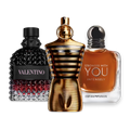 Back to School perfume sample discovery set with Valentino Uomo Born in Roma Intense, Jean Paul Gaultier Le Male Elixir and Armani Stronger With You Intensely