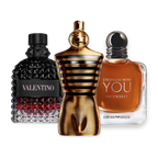 Back to School perfume sample discovery set with Valentino Uomo Born in Roma Intense, Jean Paul Gaultier Le Male Elixir and Armani Stronger With You Intensely
