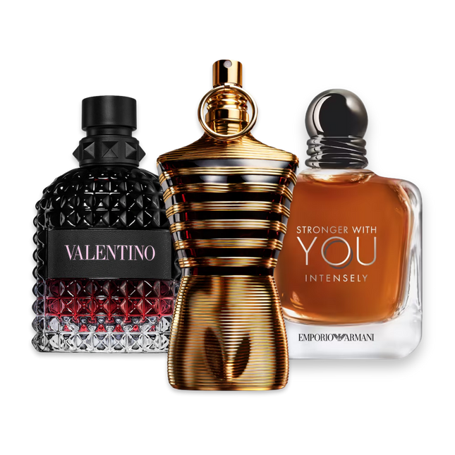 Back to School perfume sample discovery set with Valentino Uomo Born in Roma Intense, Jean Paul Gaultier Le Male Elixir and Armani Stronger With You Intensely