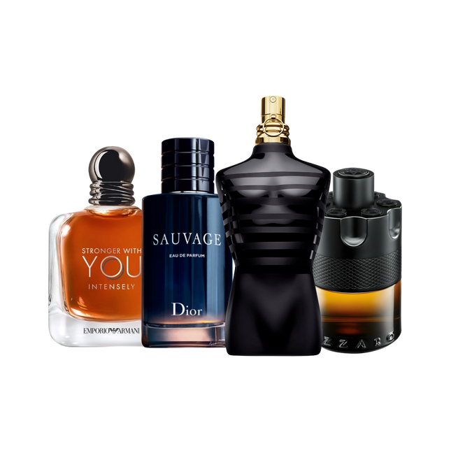 Bestsellers discovery set with Stronger With You Intensely Eau de Parfum, Le Male Le Parfum and The Most Wanted Parfum – iconic and seductive fragrance samples loved by men worldwide