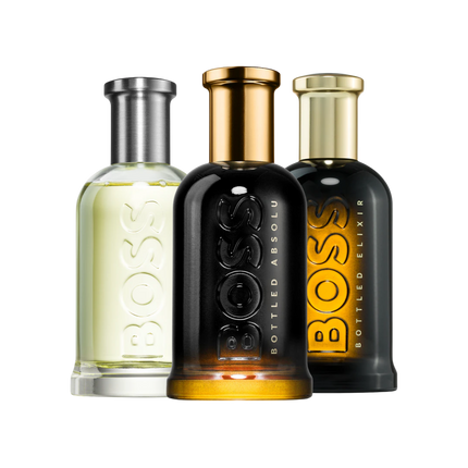Boss Bottled Trio discovery set with Boss Bottled, Boss Bottled Absolu and Boss Bottled Elixir – refined and powerful fragrance samples for men