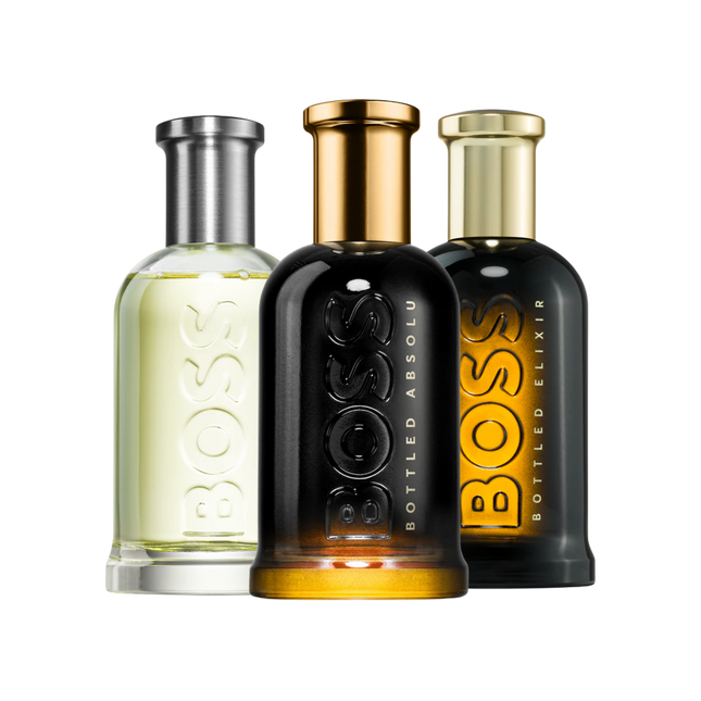 Boss Bottled Trio discovery set with Boss Bottled, Boss Bottled Absolu and Boss Bottled Elixir – refined and powerful fragrance samples for men