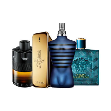 Clubbing discovery set with The Most Wanted Parfum, 1 Million Eau de Toilette, Ultra Male and Eros Eau de Parfum – intense, sweet and long-lasting fragrance samples made for nights out