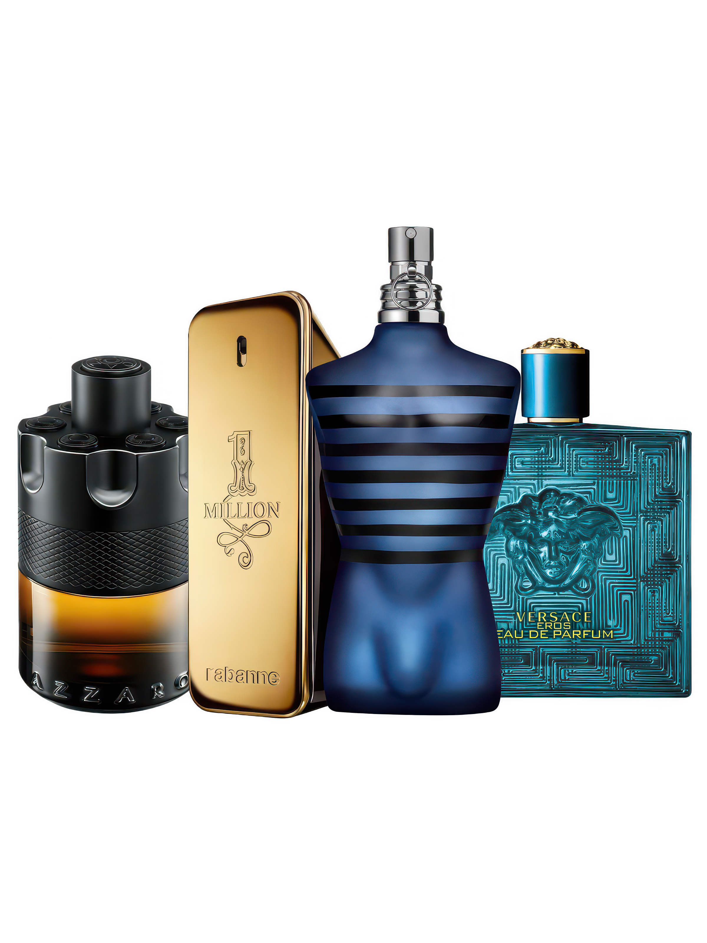 Clubbing discovery set with The Most Wanted Parfum, 1 Million Eau de Toilette, Ultra Male and Eros Eau de Parfum – bold and long-lasting fragrance samples for nights out