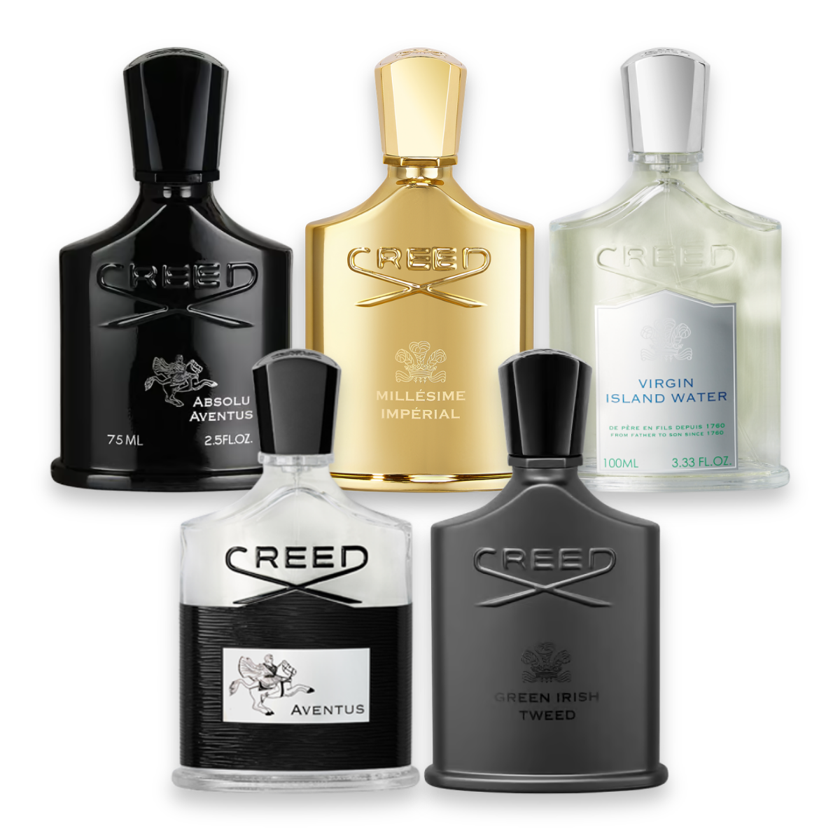 Creed Bestsellers perfume sample discovery set with Absolu Aventus, Millésime Impérial, Virgin Island Water, Aventus and Green Irish Tweed
