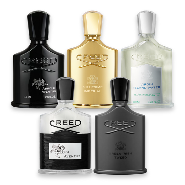 Creed Bestsellers perfume sample discovery set with Absolu Aventus, Millésime Impérial, Virgin Island Water, Aventus and Green Irish Tweed