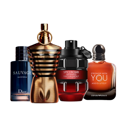 Date Night discovery set with Sauvage Eau de Parfum, Le Male Elixir, Spicebomb Infrared Eau de Parfum and Stronger With You Absolutely – warm, seductive fragrance samples perfect for romantic evenings