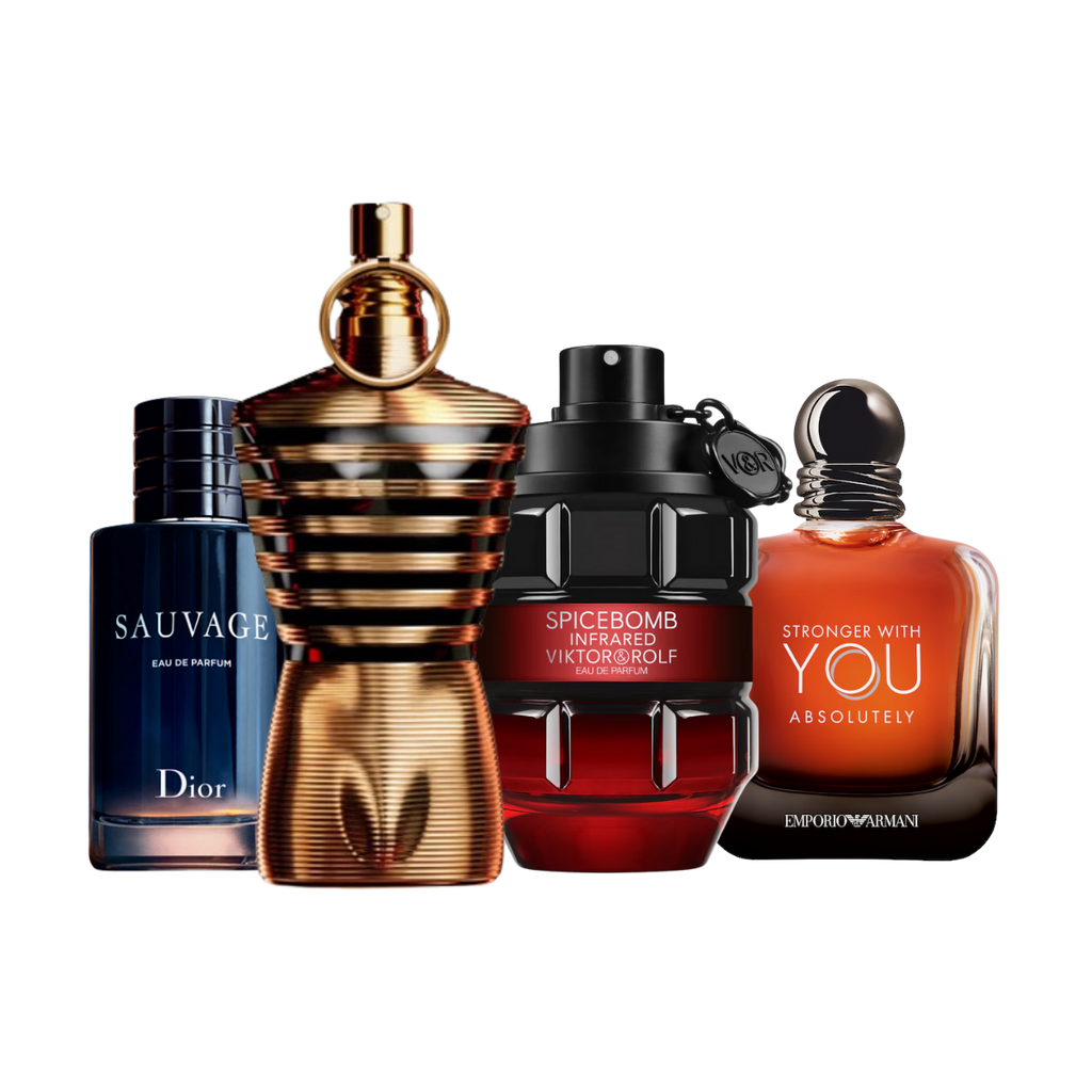 Date Night discovery set with Sauvage Eau de Parfum, Le Male Elixir, Spicebomb Infrared Eau de Parfum and Stronger With You Absolutely – warm, seductive fragrance samples perfect for romantic evenings