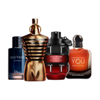 Date Night discovery set with Sauvage Eau de Parfum, Le Male Elixir, Spicebomb Infrared Eau de Parfum and Stronger With You Absolutely – warm, seductive fragrance samples perfect for romantic evenings