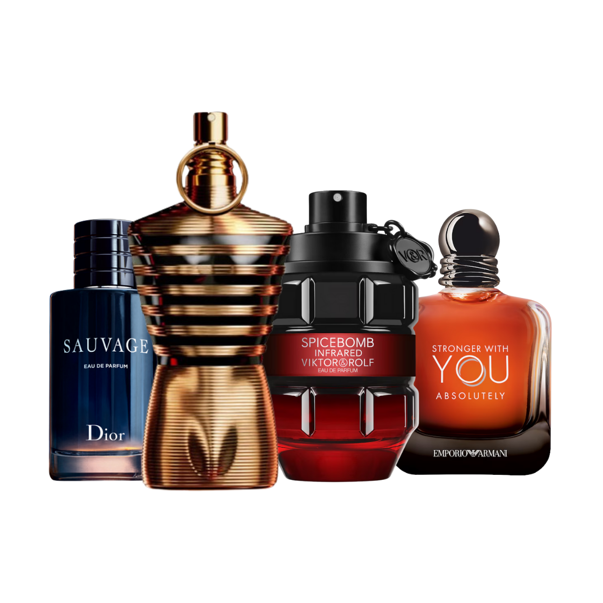 Date Night discovery set with Sauvage Eau de Parfum, Le Male Elixir, Spicebomb Infrared Eau de Parfum and Stronger With You Absolutely – warm, seductive fragrance samples perfect for romantic evenings