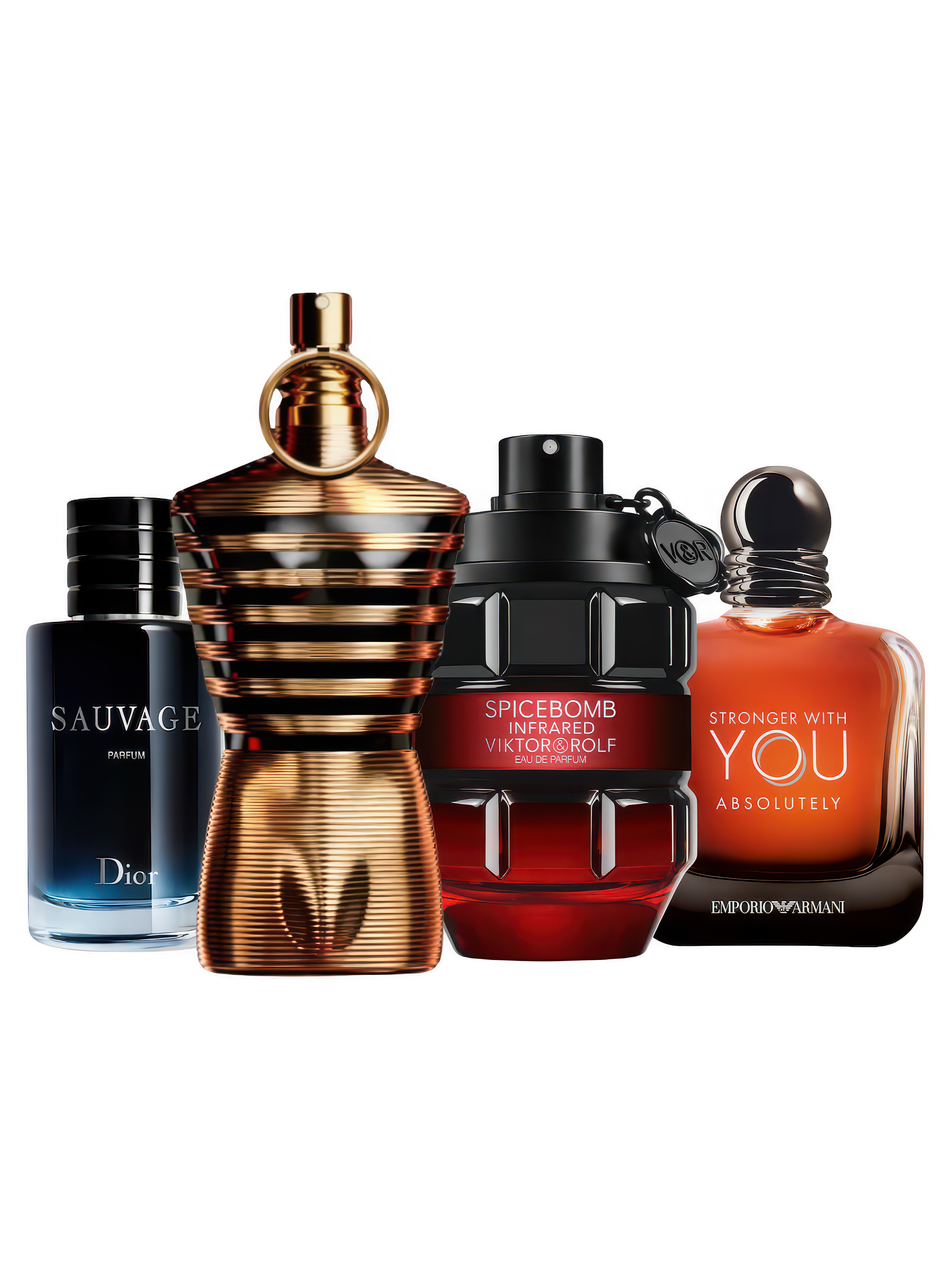 Date Night discovery set with Sauvage Eau de Parfum, Le Male Elixir, Spicebomb Infrared Eau de Parfum and Stronger With You Absolutely – warm, seductive fragrance samples for romantic evenings