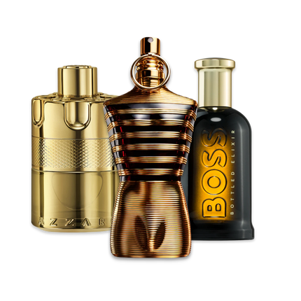 Elixir perfume sample discovery set with Azzaro The Most Wanted Parfum, Jean Paul Gaultier Le Male Elixir and Hugo Boss Boss Bottled Elixir