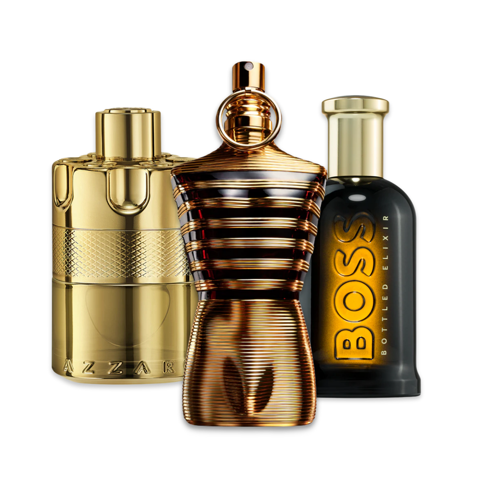Elixir perfume sample discovery set with Azzaro The Most Wanted Parfum, Jean Paul Gaultier Le Male Elixir and Hugo Boss Boss Bottled Elixir