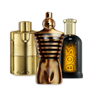 Elixir perfume sample discovery set with Azzaro The Most Wanted Parfum, Jean Paul Gaultier Le Male Elixir and Hugo Boss Boss Bottled Elixir