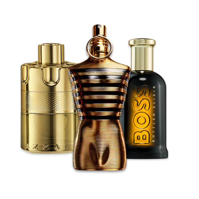 Elixir perfume sample discovery set with Azzaro The Most Wanted Parfum, Jean Paul Gaultier Le Male Elixir and Hugo Boss Boss Bottled Elixir
