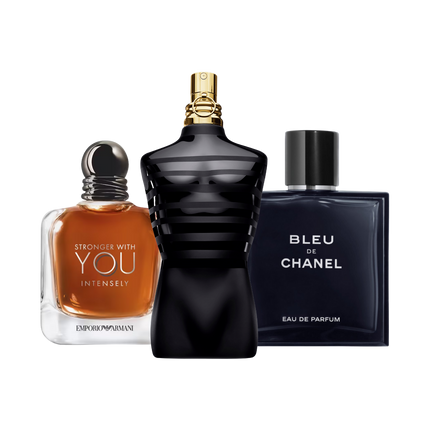 Gentleman discovery set with Stronger With You Intensely, Le Male Le Parfum and Bleu de Chanel – elegant and confident fragrance samples for the modern gentleman