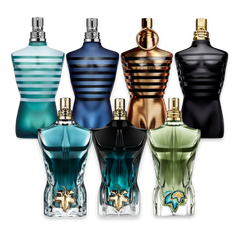 JPG discovery set with Ultra Male, Le Male Le Parfum, Le Male Elixir, Le Beau Le Parfum, Le Beau Paradise Garden, Le Male EDT and Le Beau EDT – iconic and versatile fragrance samples showcasing the full Jean Paul Gaultier collection for men
