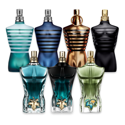 JPG discovery set with Ultra Male, Le Male Le Parfum, Le Male Elixir, Le Beau Le Parfum, Le Beau Paradise Garden, Le Male EDT and Le Beau EDT – iconic and versatile fragrance samples showcasing the full Jean Paul Gaultier collection for men