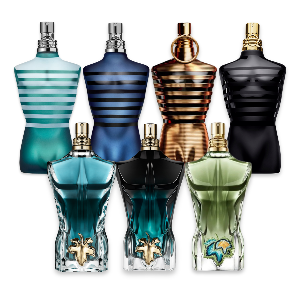 JPG discovery set with Ultra Male, Le Male Le Parfum, Le Male Elixir, Le Beau Le Parfum, Le Beau Paradise Garden, Le Male EDT and Le Beau EDT – iconic and versatile fragrance samples showcasing the full Jean Paul Gaultier collection for men