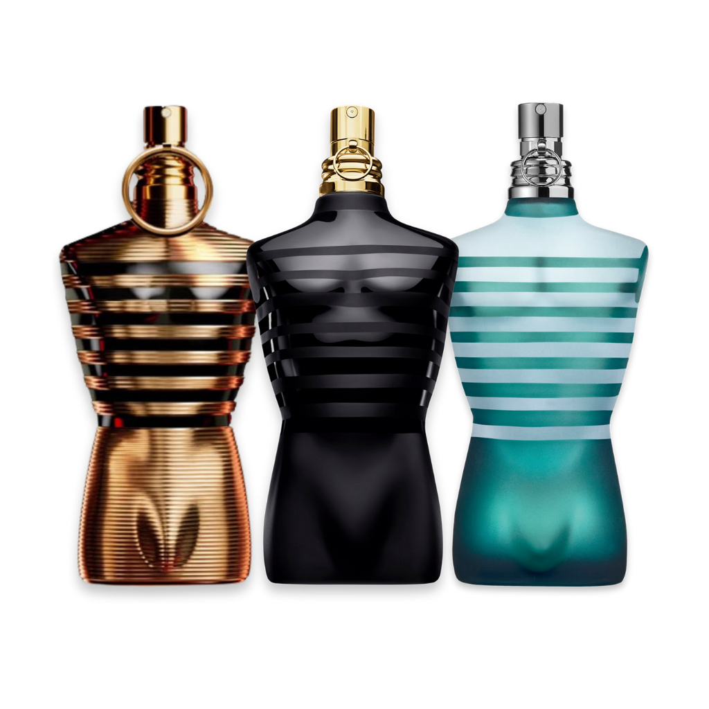 Le Male perfume sample discovery set with Le Male Elixir, Le Male Le Parfum and Le Male Eau de Toilette