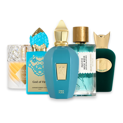 Niche Summer perfume sample discovery set with Kilian Angels' Share On The Rocks, Stéphane Humbert Lucas God of Fire, Xerjoff Erba Pura, Goldfield & Banks Pacific Rock Moss and Sospiro Vibrato