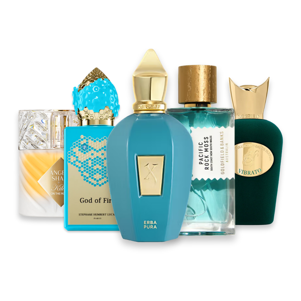 Niche Summer perfume sample discovery set with Kilian Angels' Share On The Rocks, Stéphane Humbert Lucas God of Fire, Xerjoff Erba Pura, Goldfield & Banks Pacific Rock Moss and Sospiro Vibrato