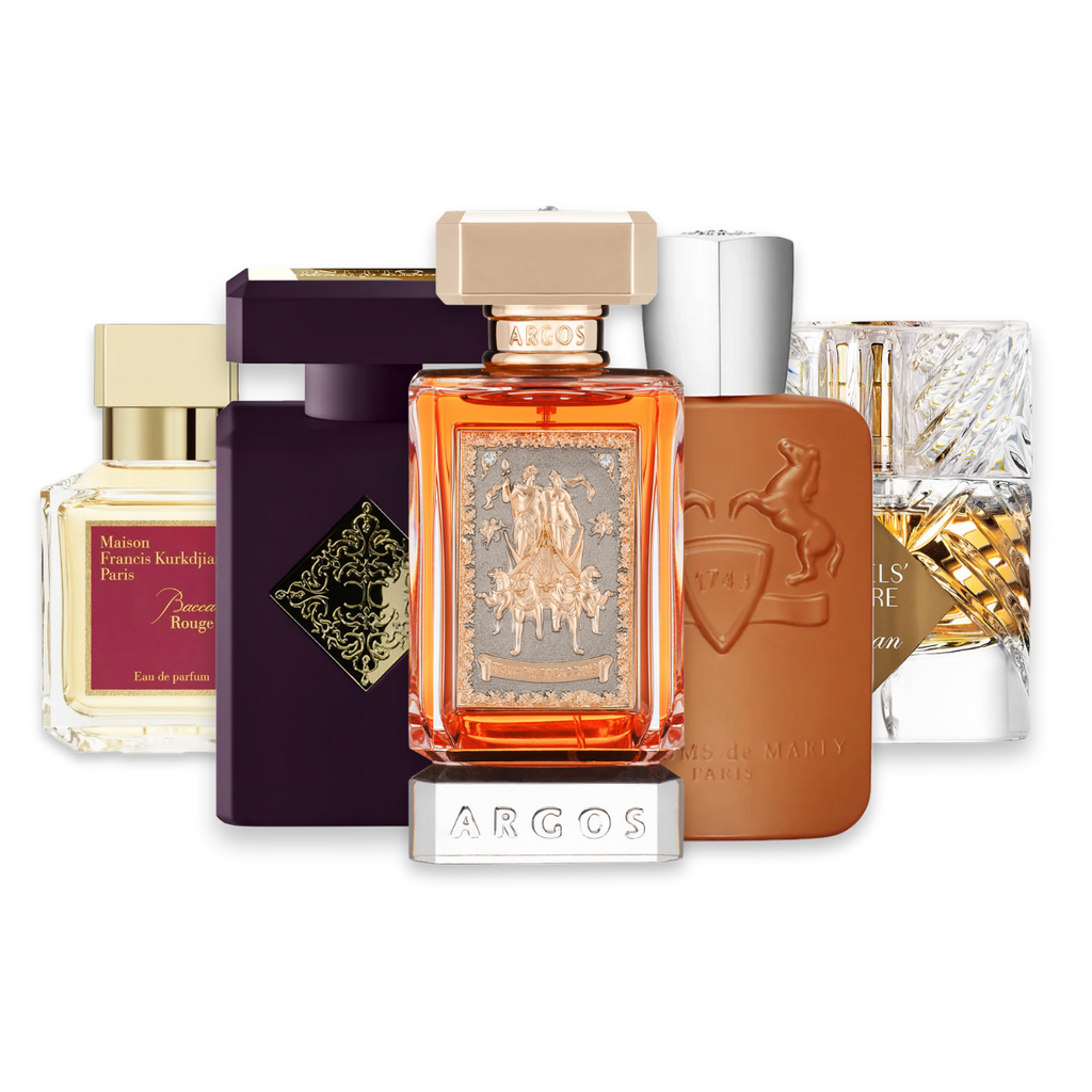 Niche Winter perfume sample discovery set with Baccarat Rouge 540 Eau de Parfum, Initio Side Effect, Argos Triumph of Bacchus, Parfums de Marly Althaïr and Kilian Angels' Share