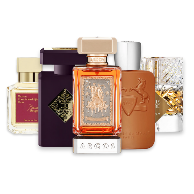 Niche Winter perfume sample discovery set with Baccarat Rouge 540 Eau de Parfum, Initio Side Effect, Argos Triumph of Bacchus, Parfums de Marly Althaïr and Kilian Angels' Share