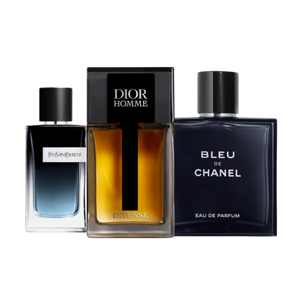 Office discovery set with YSL Y, Homme Intense and Bleu de Chanel – refined and professional fragrance samples ideal for office wear and business settings