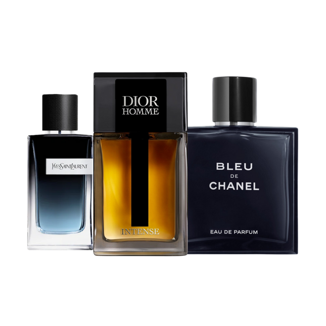 Office discovery set with YSL Y, Homme Intense and Bleu de Chanel – refined and professional fragrance samples ideal for office wear and business settings