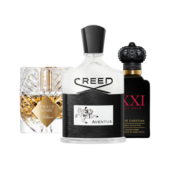 Old Money discovery set with Kilian Angels’ Share, Creed Aventus and Clive Christian Blonde Amber – luxurious and refined fragrance samples inspired by timeless elegance and heritage