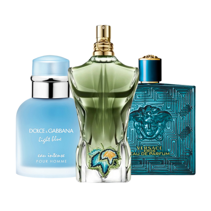 Summer discovery set with Light Blue Eau Intense, Le Beau Paradise Garden and Eros Eau de Parfum – fresh and energizing fragrance samples with a vibrant summer vibe