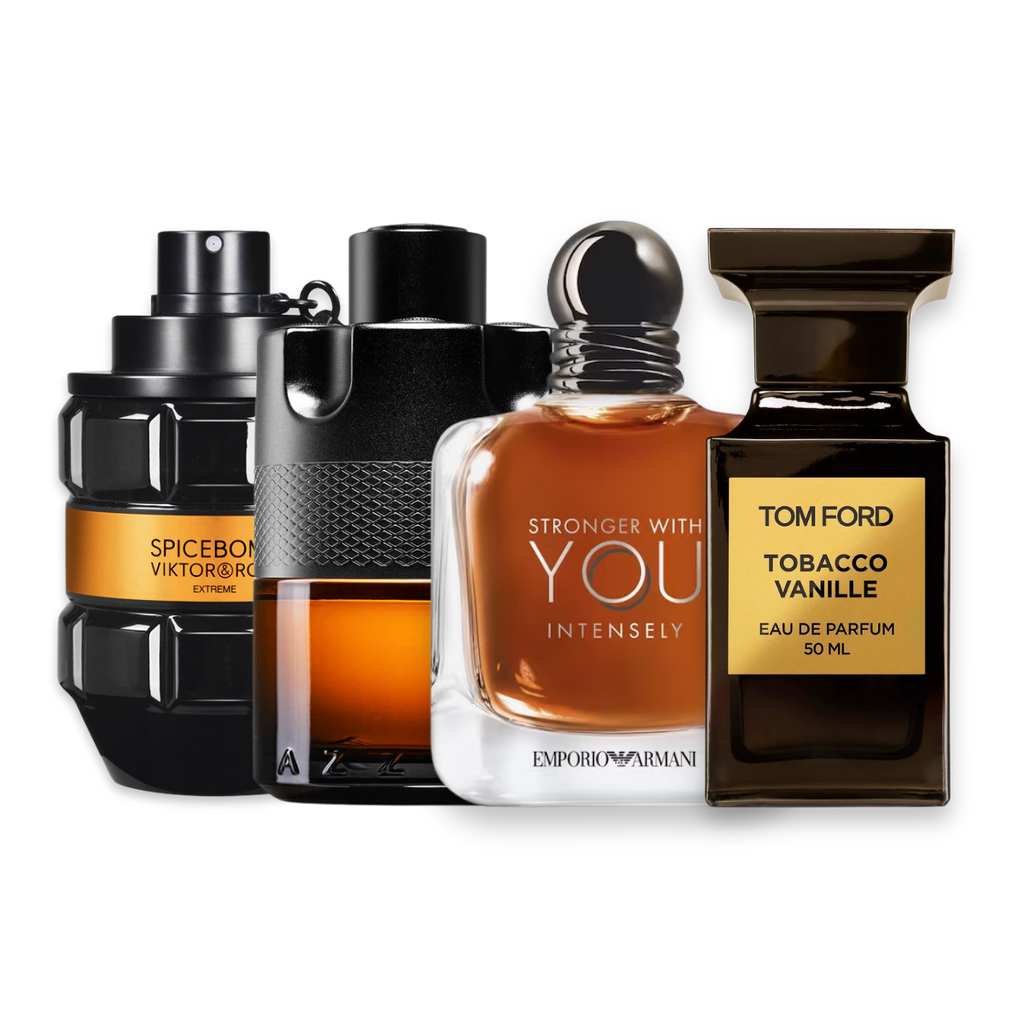 Vanilla Men perfume sample discovery set with Spicebomb Extreme, Azzaro The Most Wanted Parfum, Armani Stronger With You Intensely and Tom Ford Tobacco Vanille