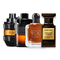 Vanilla Men perfume sample discovery set with Spicebomb Extreme, Azzaro The Most Wanted Parfum, Armani Stronger With You Intensely and Tom Ford Tobacco Vanille