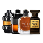 Vanilla Men perfume sample discovery set with Spicebomb Extreme, Azzaro The Most Wanted Parfum, Armani Stronger With You Intensely and Tom Ford Tobacco Vanille