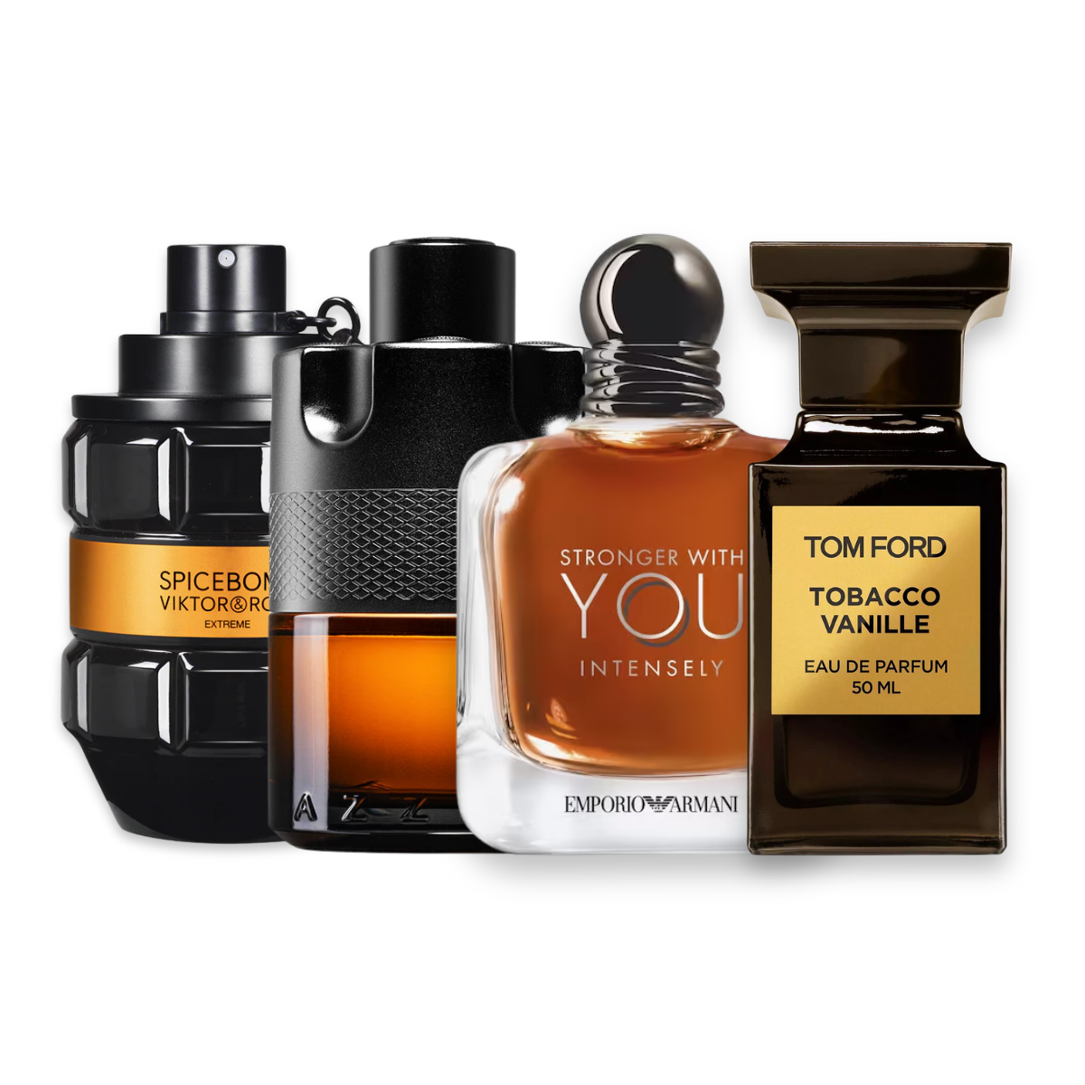 Vanilla Men perfume sample discovery set with Spicebomb Extreme, Azzaro The Most Wanted Parfum, Armani Stronger With You Intensely and Tom Ford Tobacco Vanille