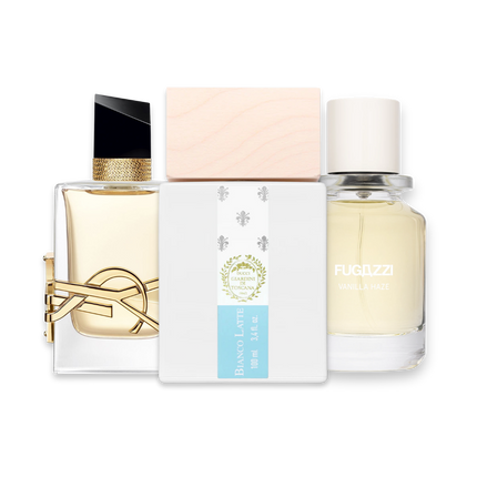 Vanilla Women perfume sample discovery set with Yves Saint Laurent Libre, Giardini di Toscana Bianco Latte and Fugazzi Vanilla Haze